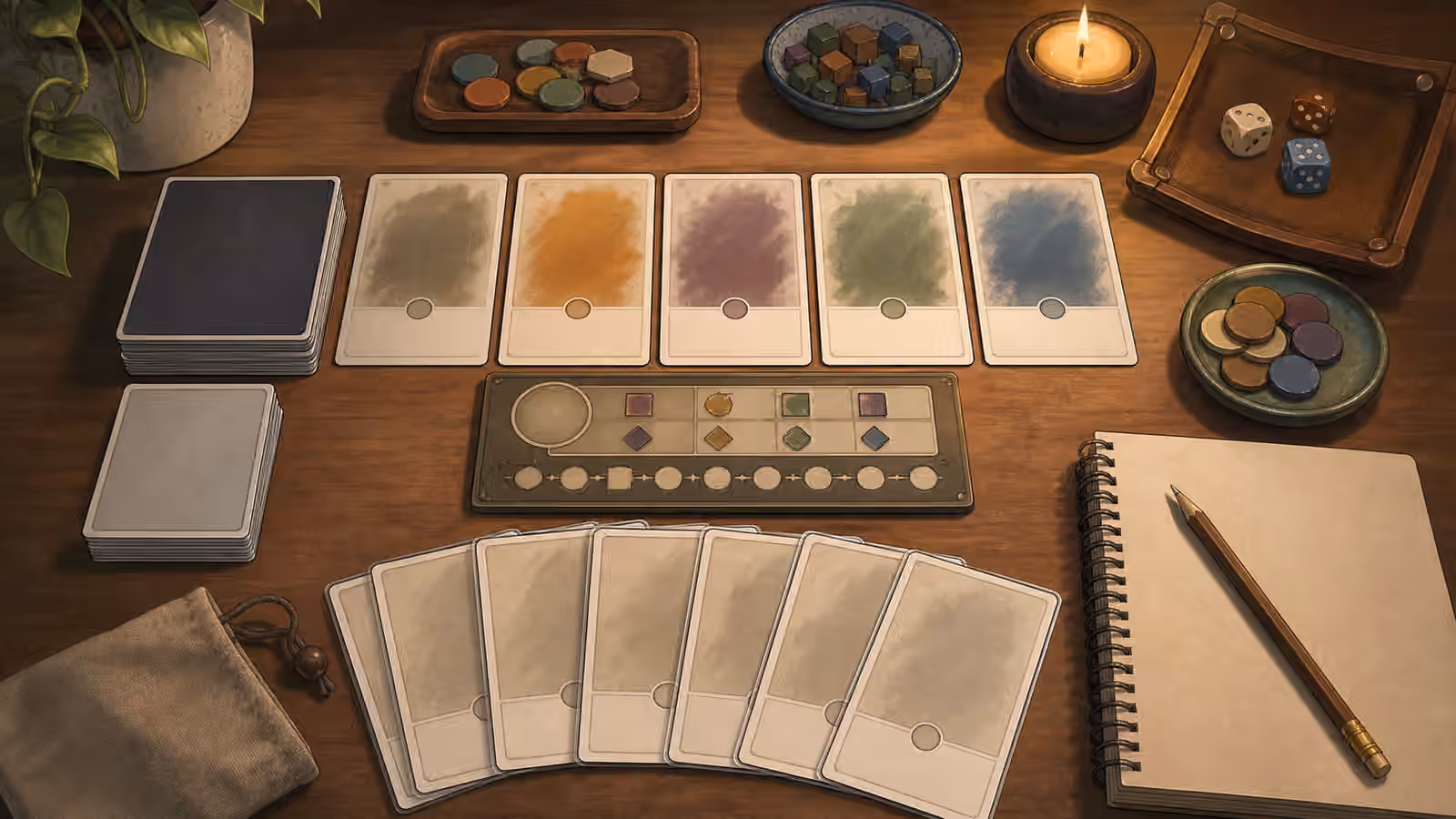 A deck-led solo game setup with blank market cards, draw and discard piles, resource tokens, dice, pencil, and notebook.
