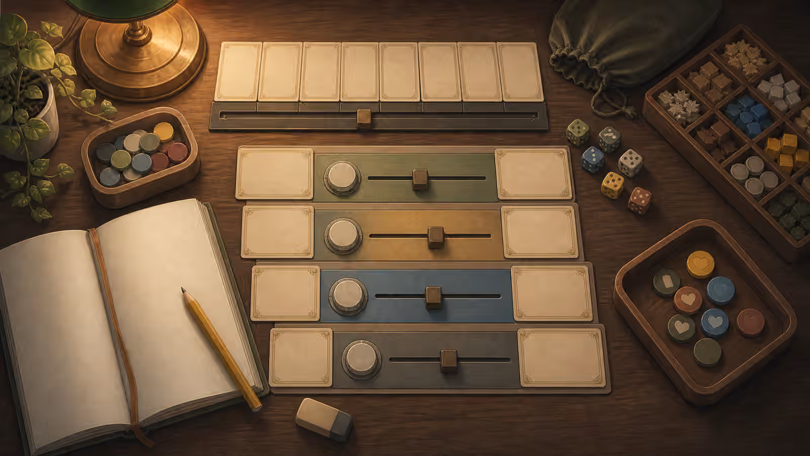 A solo game table with blank difficulty cards, small dials, dice, tokens, pencil, eraser, and notebook.