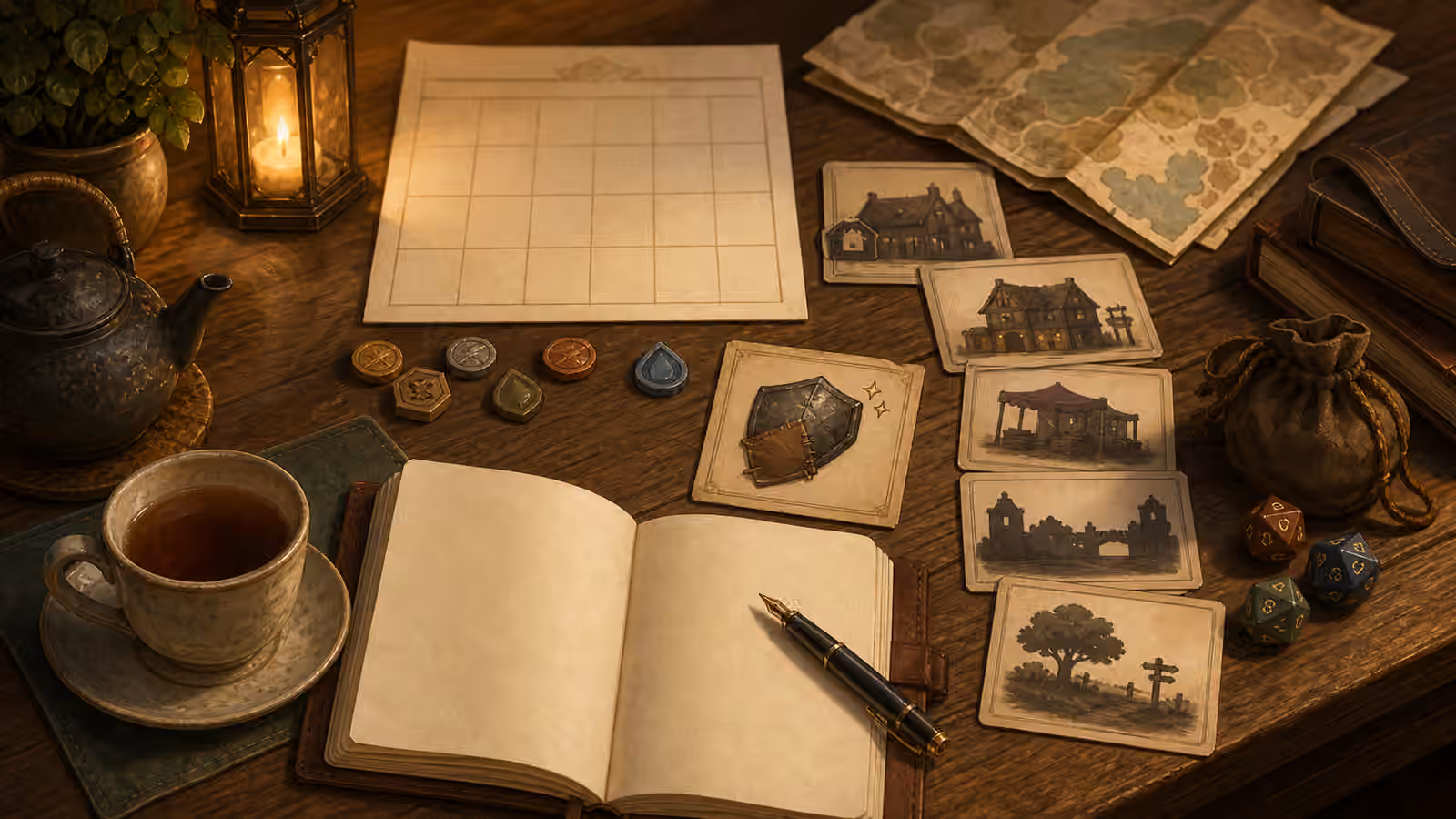 A warm solo RPG table with a folded map, blank calendar page, town cards, resource tokens, dice, tea, and a notebook.