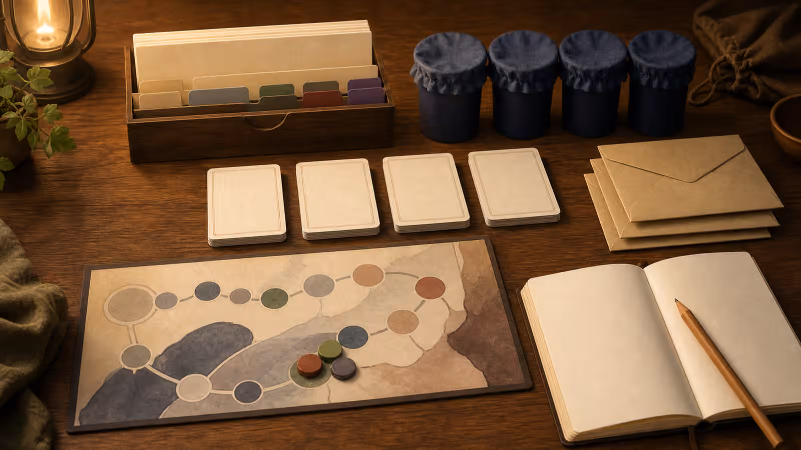 A solo tabletop setup with face-down blank cards, opaque cups, envelopes, an abstract board, and an open notebook.