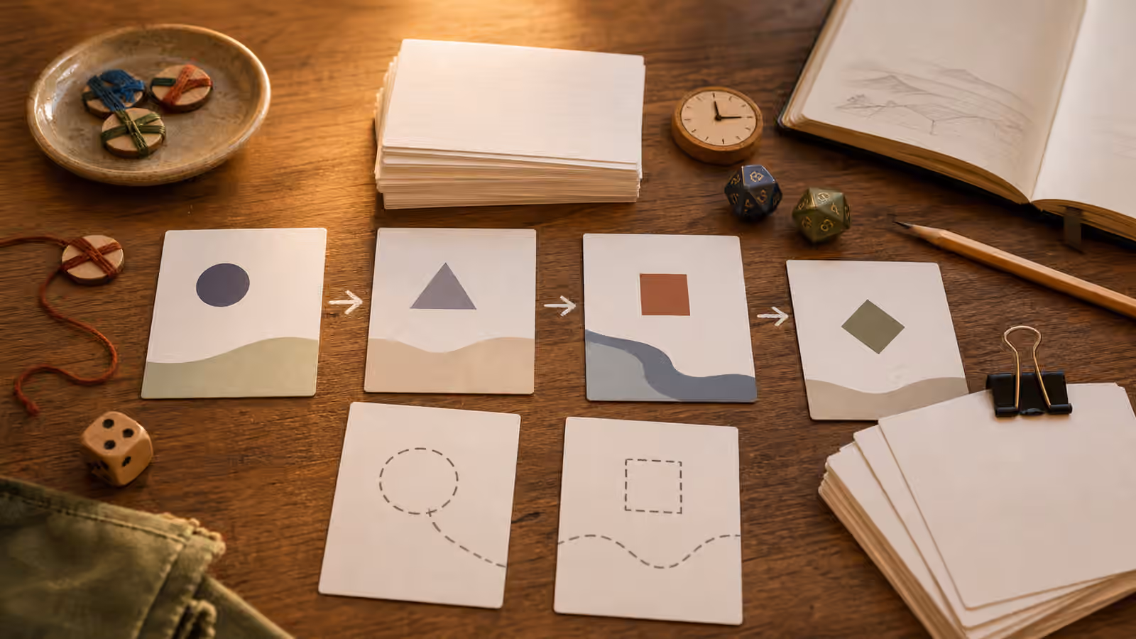 A stack of blank index cards with simple shapes, thread tokens, dice, pencil, binder clip, and an open notebook.