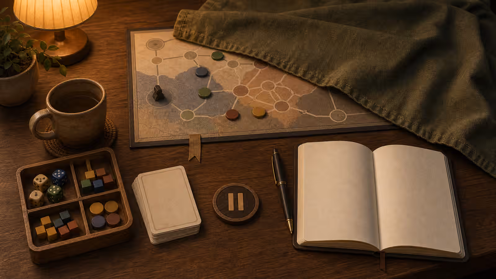 A paused solo tabletop session with a cover cloth, pause token, tray of dice and cubes, face-down cards, and an open notebook.
