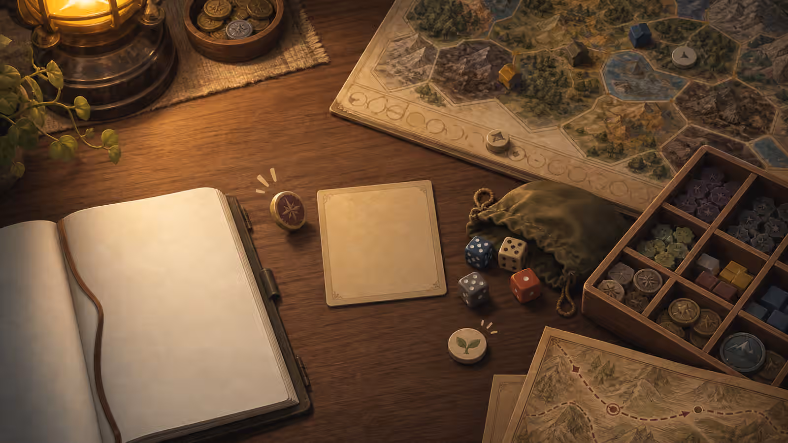 A solo game table after a setback with dice, a blank consequence card, recovery marker, notebook, and map route.