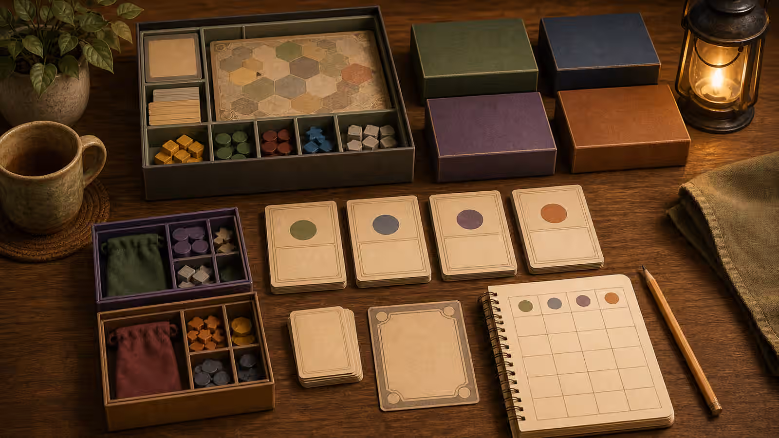 A solo board game setup with unlabeled expansion boxes, blank module cards, trays, tokens, and a notebook.