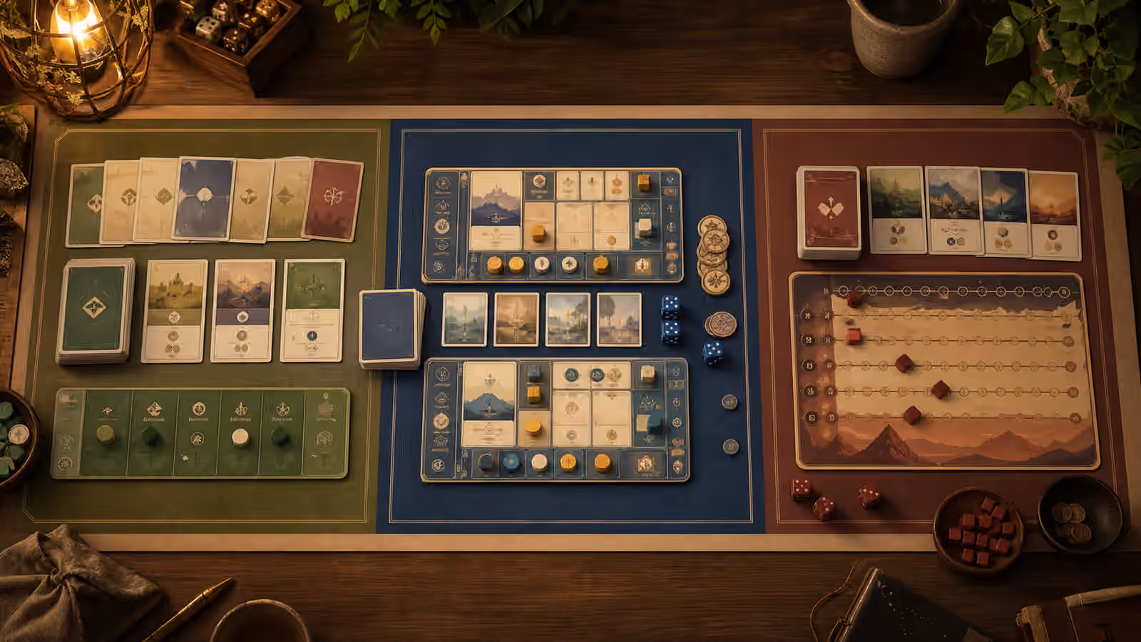 A solo table comparing unbranded multiplayer game setups with solo cards, two player mats, dice, tokens, and a score track.