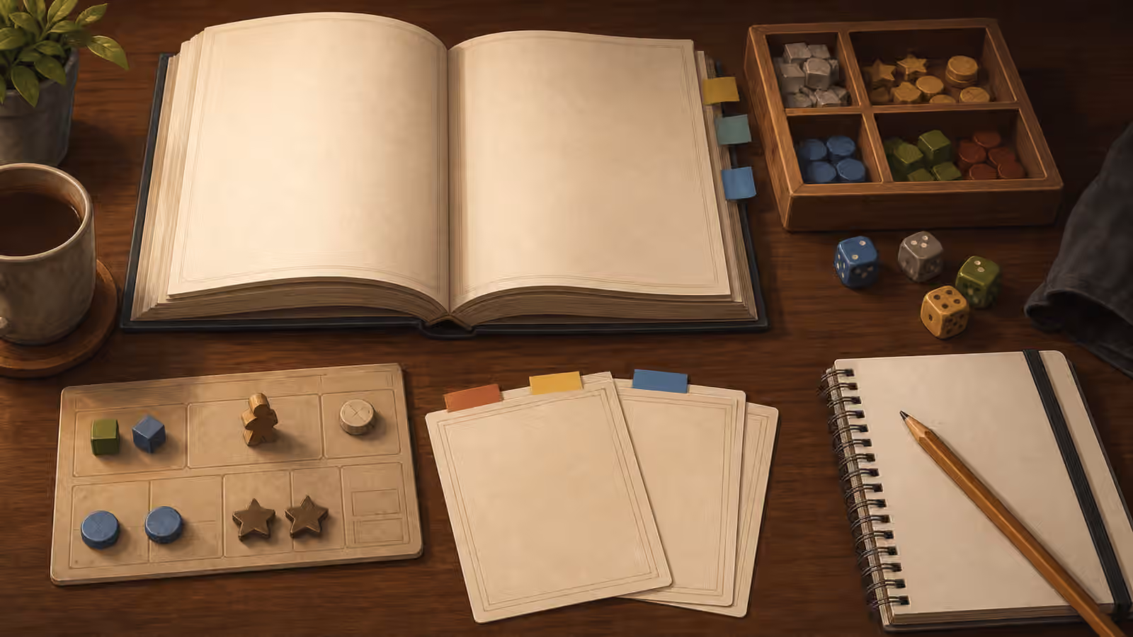 An open blank rulebook, reminder cards, tabs, dice, notebook, and pencil arranged for solo play.