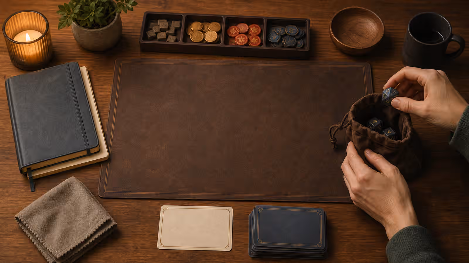A solo tabletop cleanup setup with sorted token trays, dice bag, closed notebook, blank restart card, cloth, and clear play space.