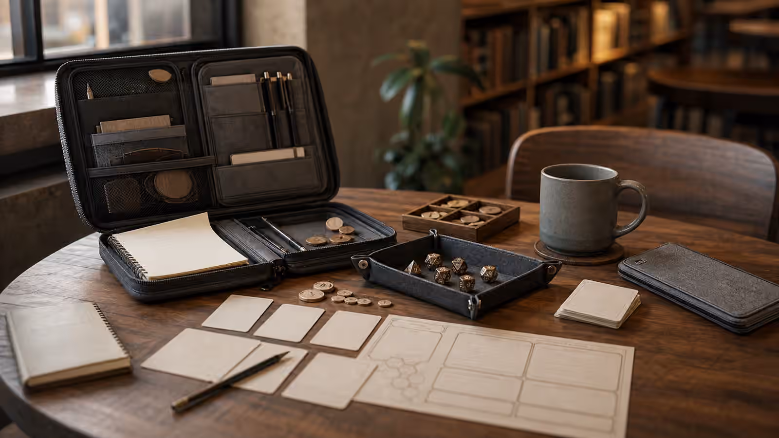 A quiet public table with an unbranded travel game kit, notebook, dice tray, blank cards, closed phone sleeve, pencil, and mug away from paper.