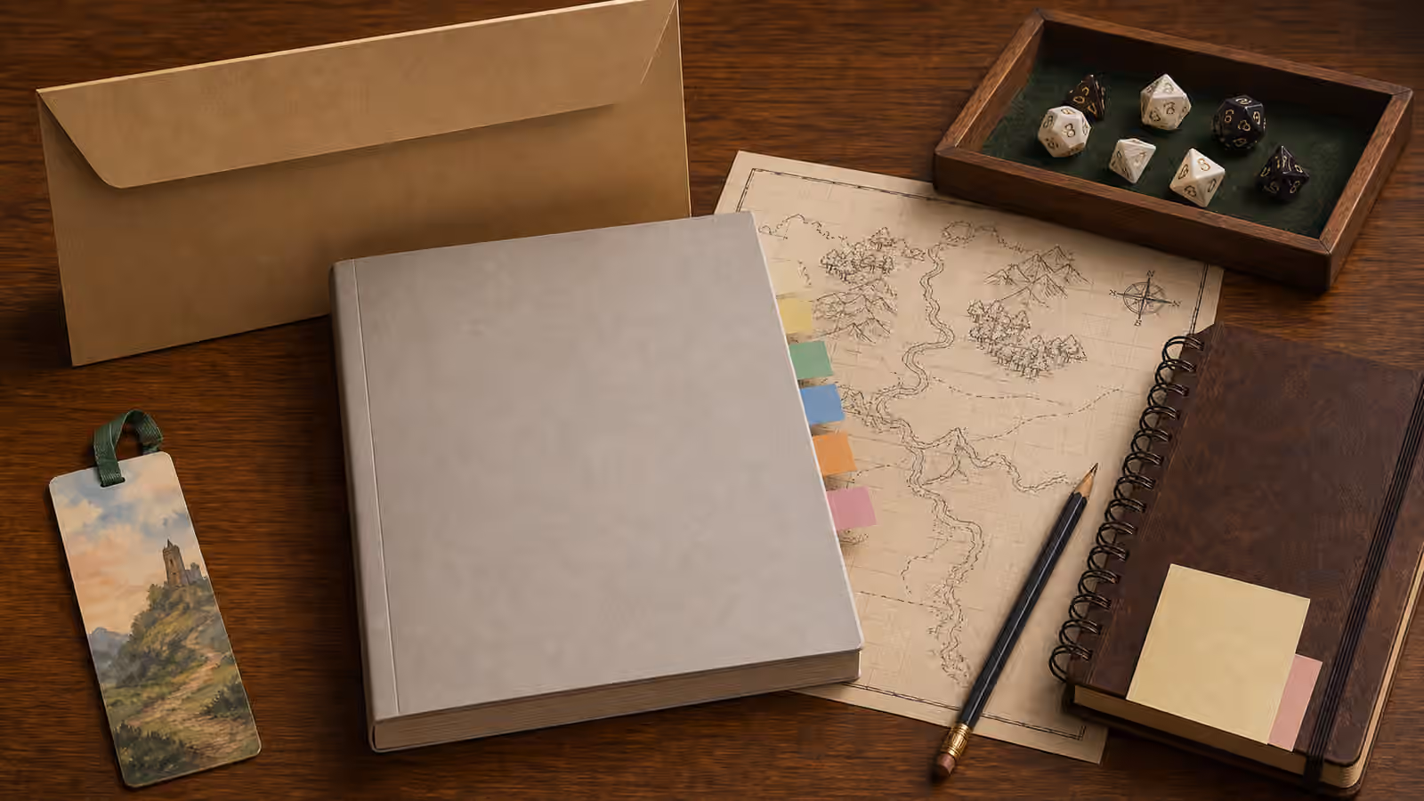 A closed blank adventure booklet with sticky tabs, a spoiler envelope, oracle dice, map paper, notebook, and pencil.