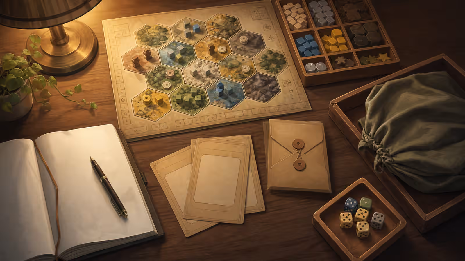 A paused solo board game table with trays, blank save cards, dice, an envelope, notebook, and cloth cover.
