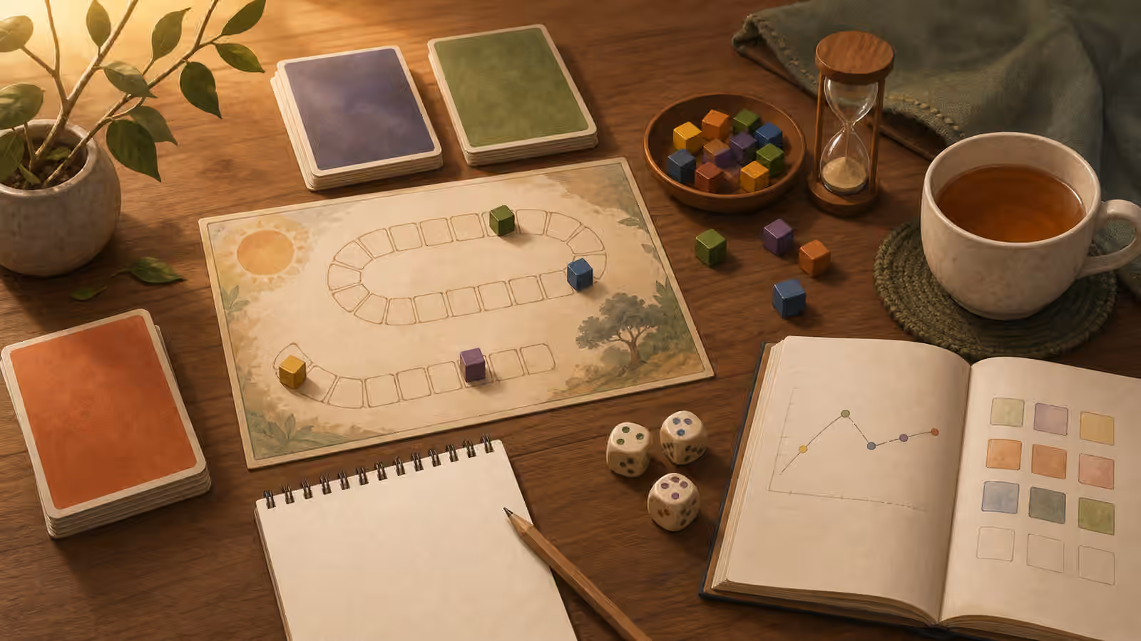 A calm solo board game table with an unnumbered score track, cubes, dice, blank cards, tea, and an open score notebook.