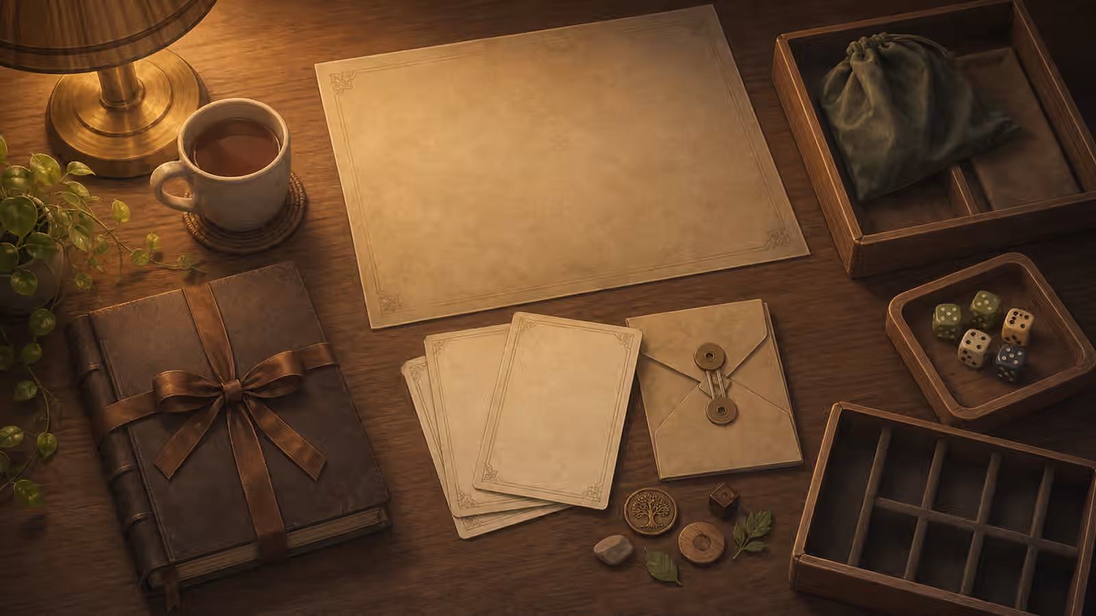 A finished solo campaign table with closed notebook, blank epilogue cards, archive envelope, dice tray, tokens, and cleared space.