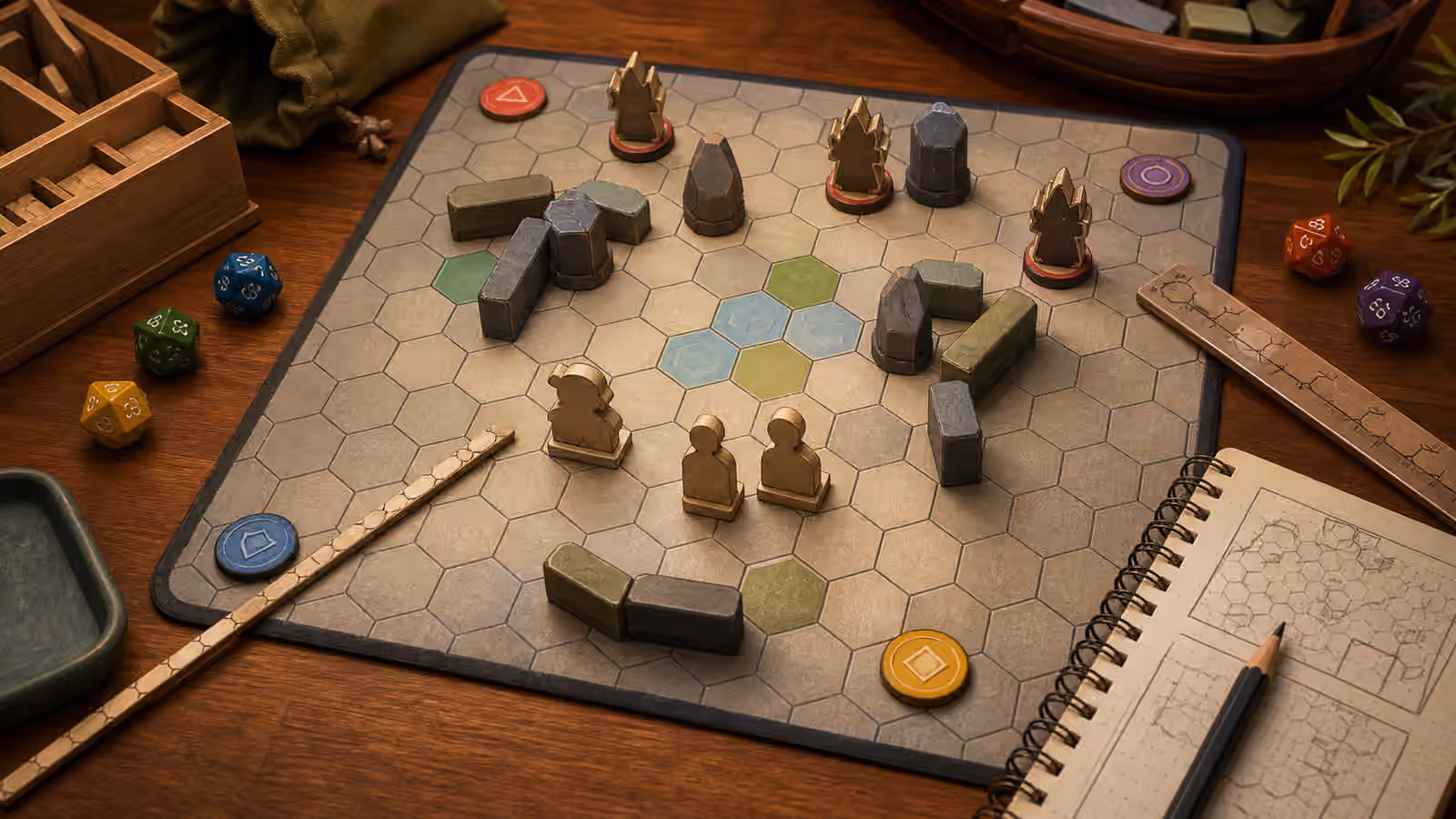 A compact solo skirmish setup with a small grid map, generic standees, terrain blocks, dice, ruler, and notebook.