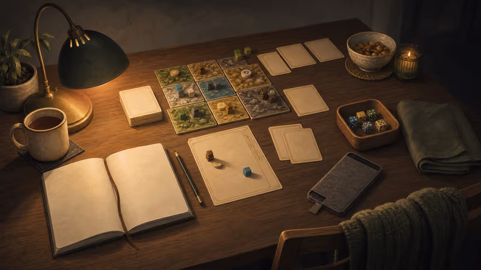 A modest solo tabletop setup with lamp, mug, bowl, dice, blank cards, closed phone sleeve, cloth, and notebook.