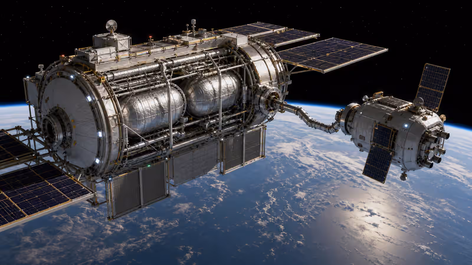An unbranded orbital propellant depot with insulated tanks and transfer hardware waits above Earth.