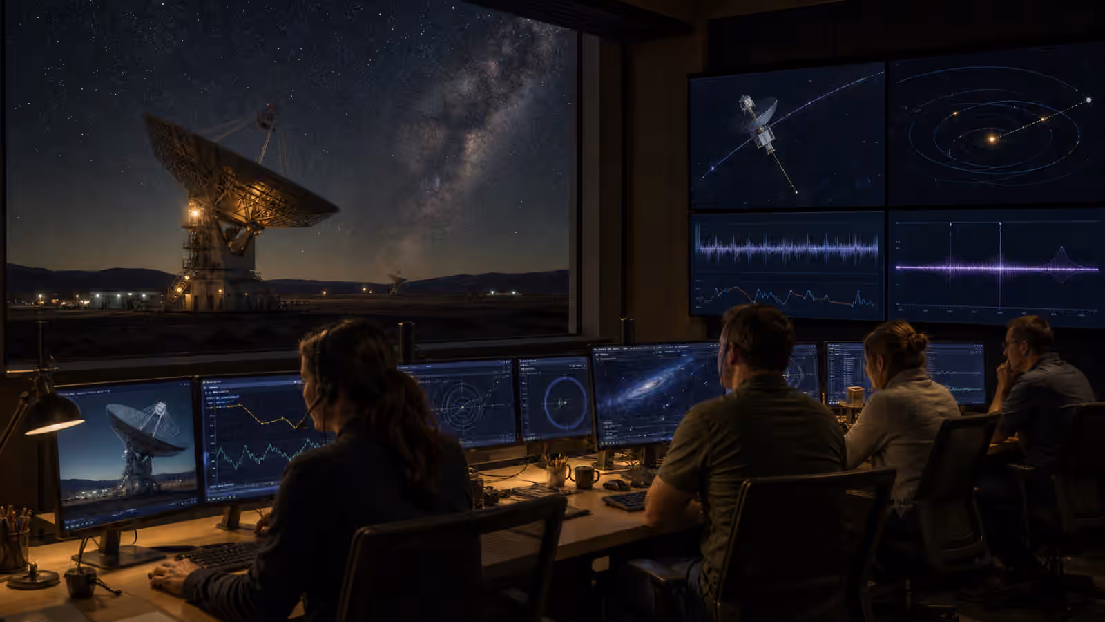 A mission operations room monitors faint deep-space signals while large dish antennas stand under a starry sky.