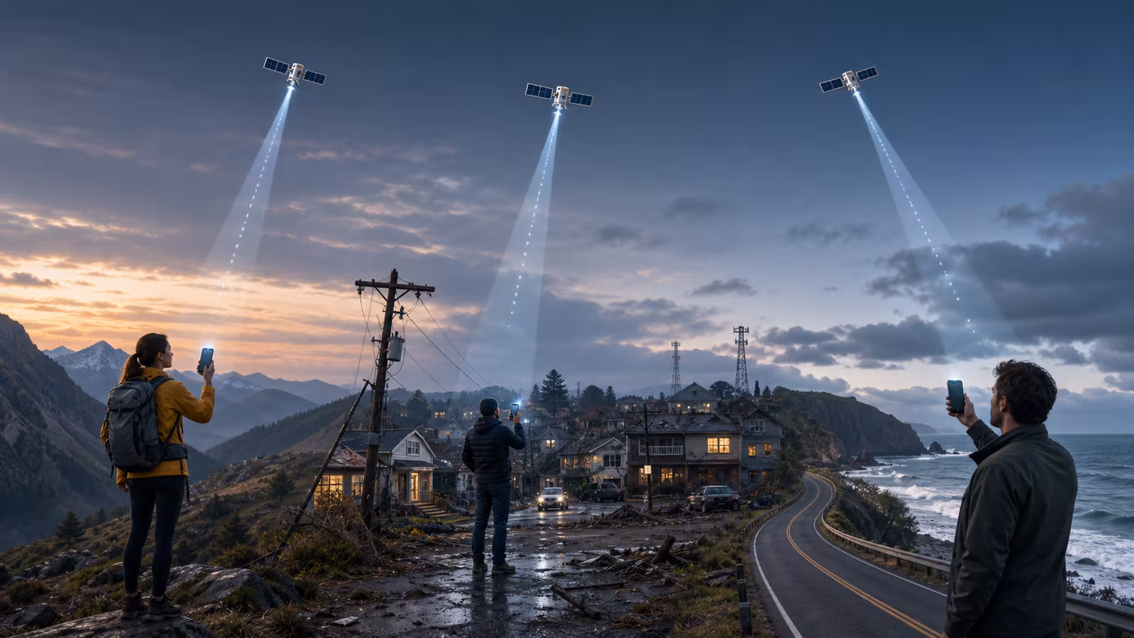 Ordinary smartphones in a remote hiking area, storm-affected town, and coast road receiving faint links from low-Earth orbit satellites overhead.