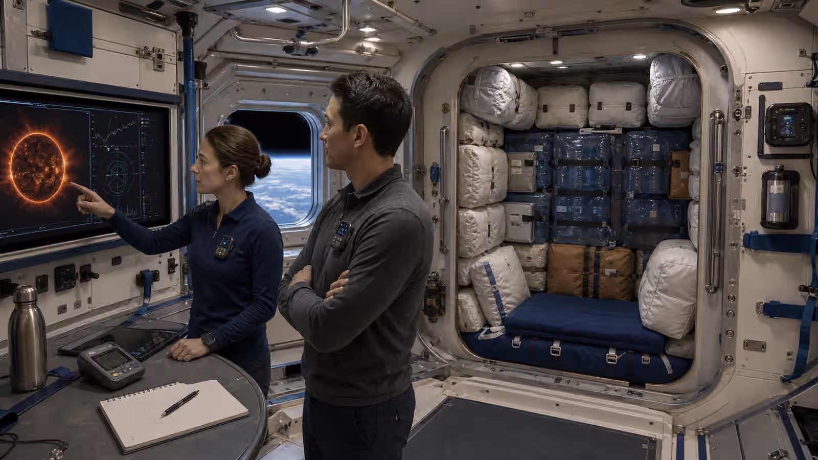 Crew members review a radiation display beside a shielded shelter area inside an unbranded space habitat.