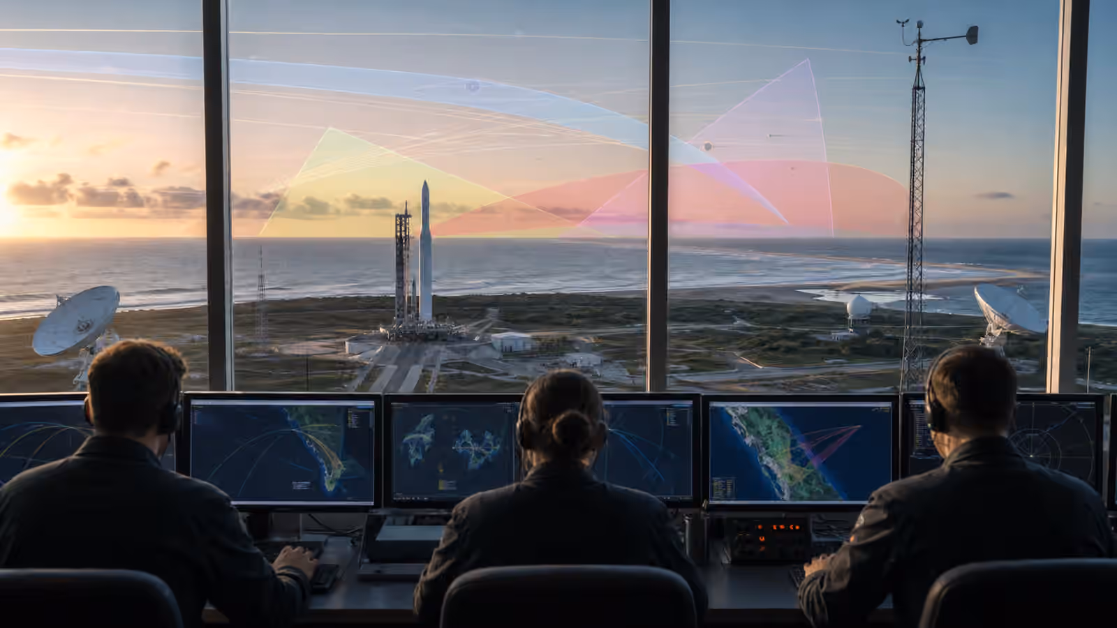 A coastal launch range control room watches an unbranded rocket on the pad with translucent flight corridor overlays above the ocean.