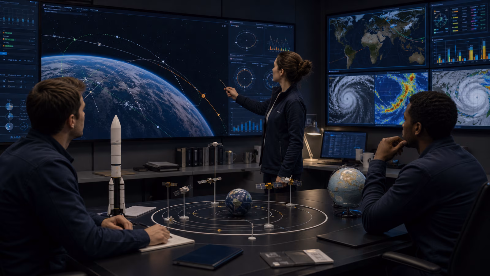 A mission planning room with engineers reviewing orbital timing, weather imagery, trajectory arcs, a tabletop Earth model, and a small rocket model.