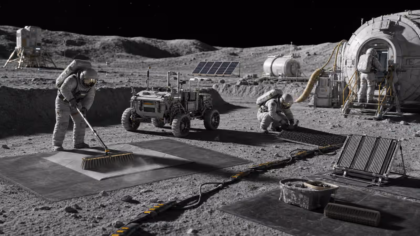 Suited lunar workers and robotic equipment manage dust around mats, rover wheels, cable runs, solar arrays, and a habitat airlock.