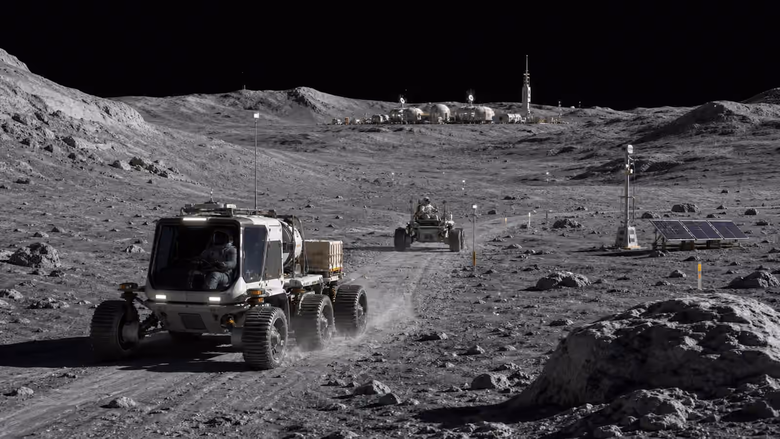Unbranded lunar rovers travel along a marked route between a surface worksite and solar charging equipment.