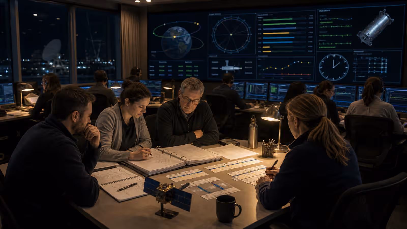 A satellite operations team reviews spacecraft telemetry and flight rule procedures in an unbranded mission control room.