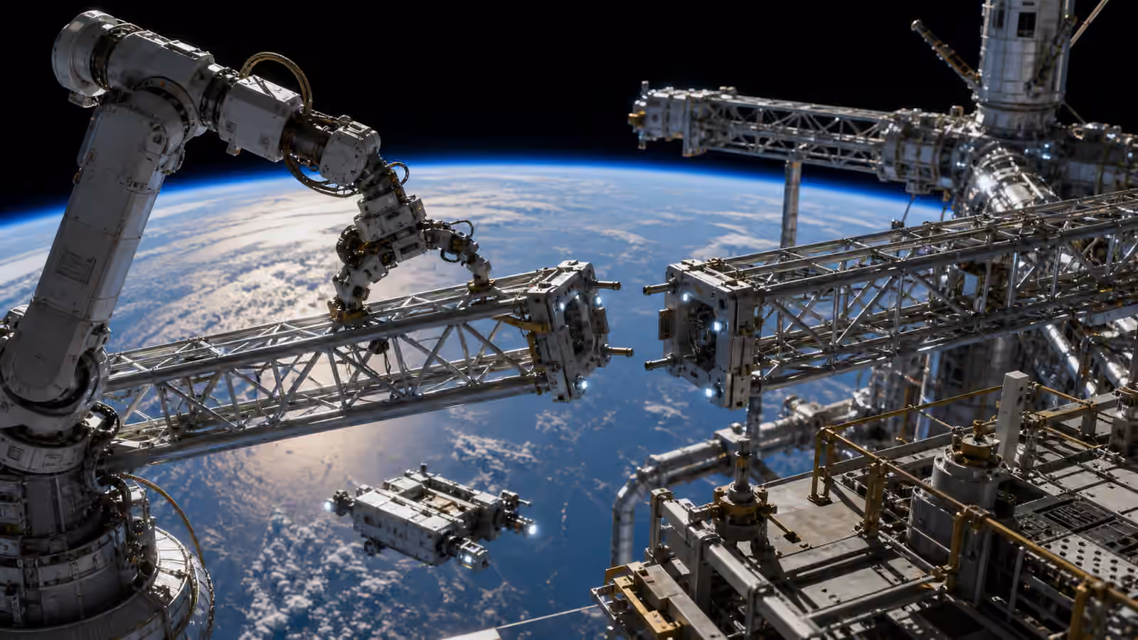 A robotic arm aligns modular truss segments during on-orbit assembly above Earth.