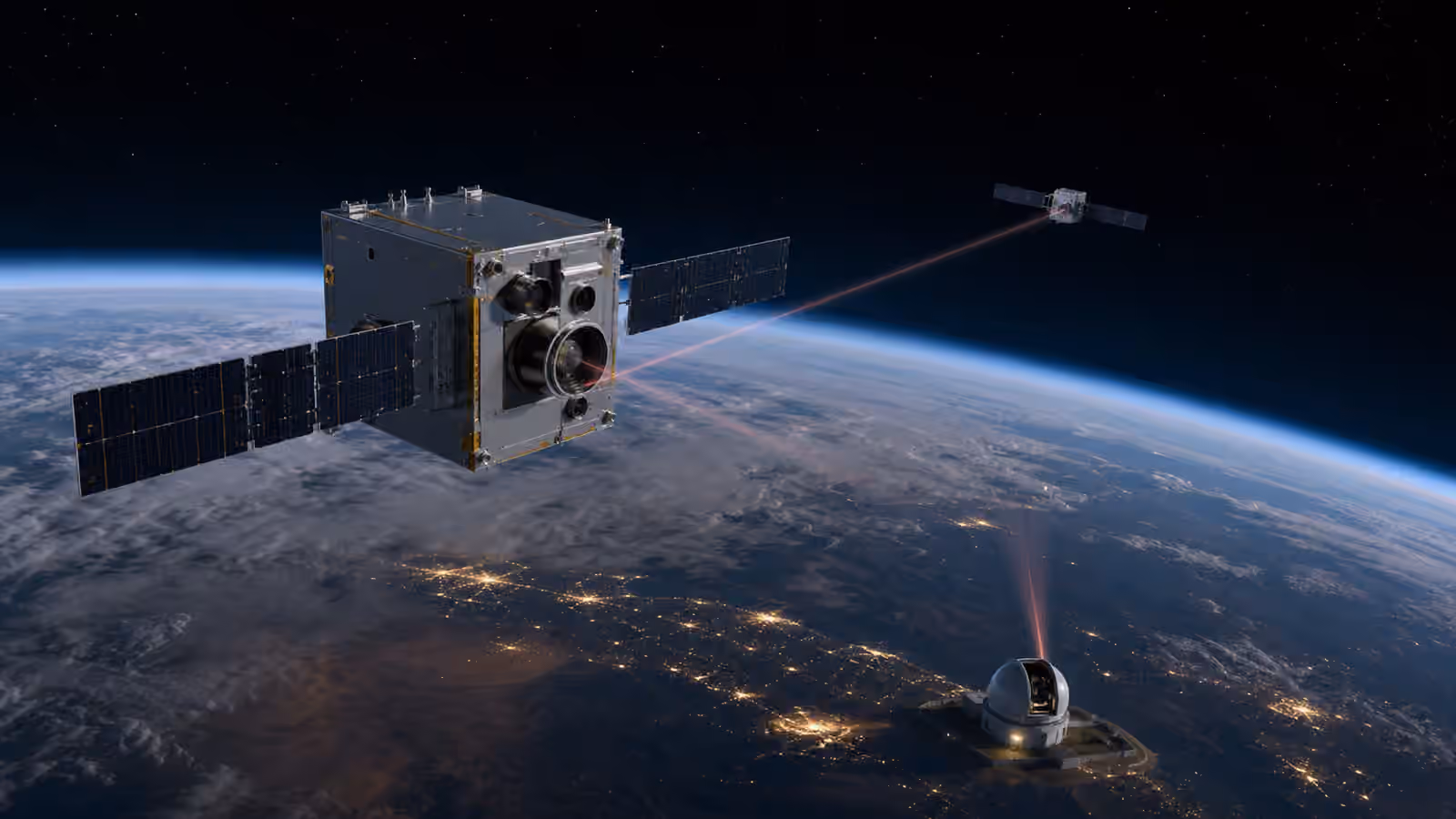 Two unbranded satellites exchange narrow optical beams while a ground optical terminal connects from Earth at night.