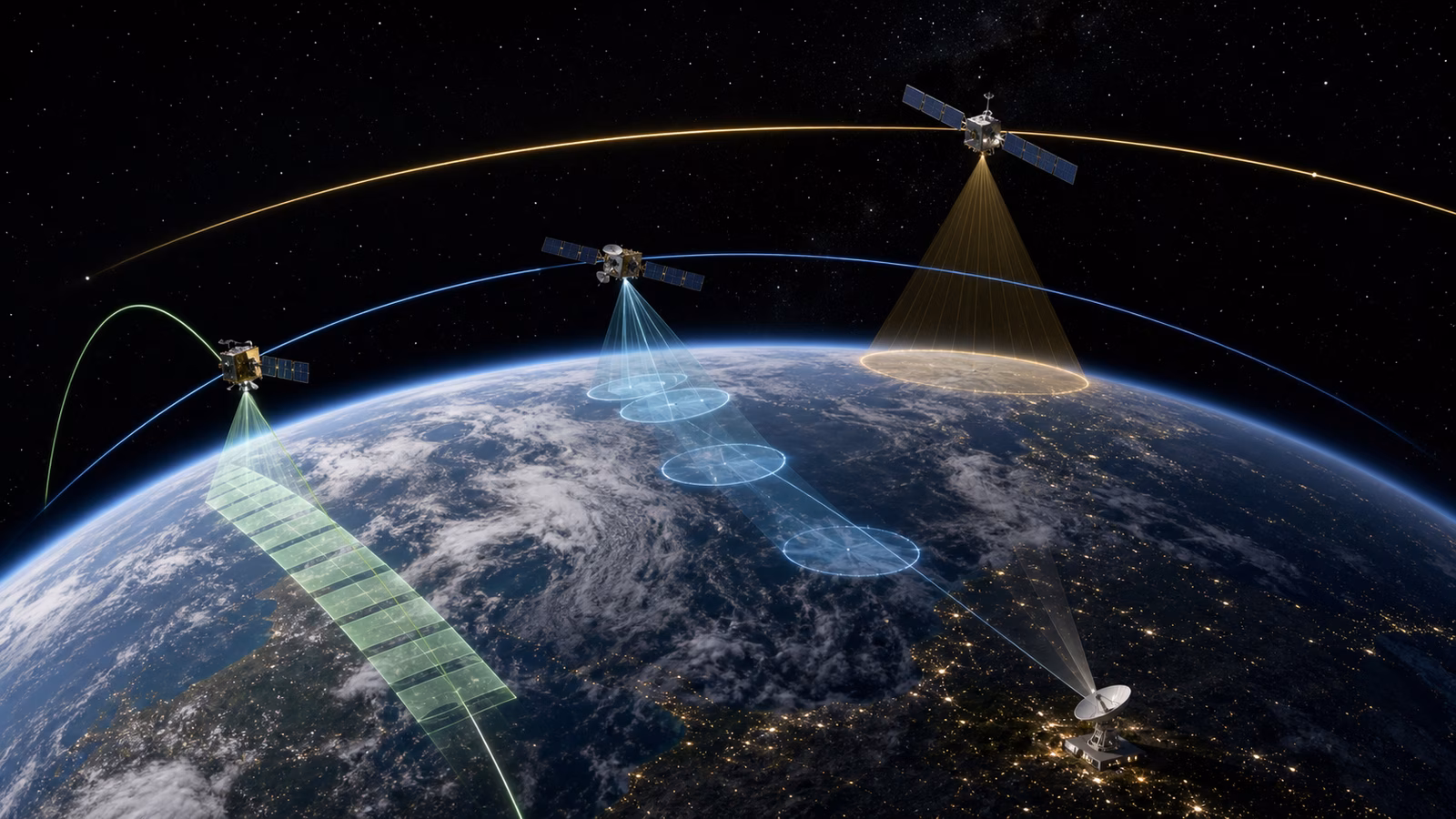 Earth from orbit with satellites following low polar, medium navigation, and high equatorial paths over a ground station.