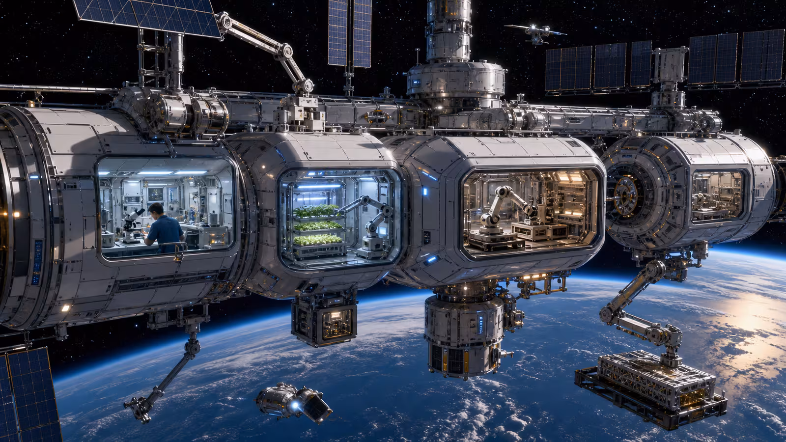 A modular commercial space station in low Earth orbit with laboratory modules, manufacturing racks visible through windows, robotic arms, and Earth below.