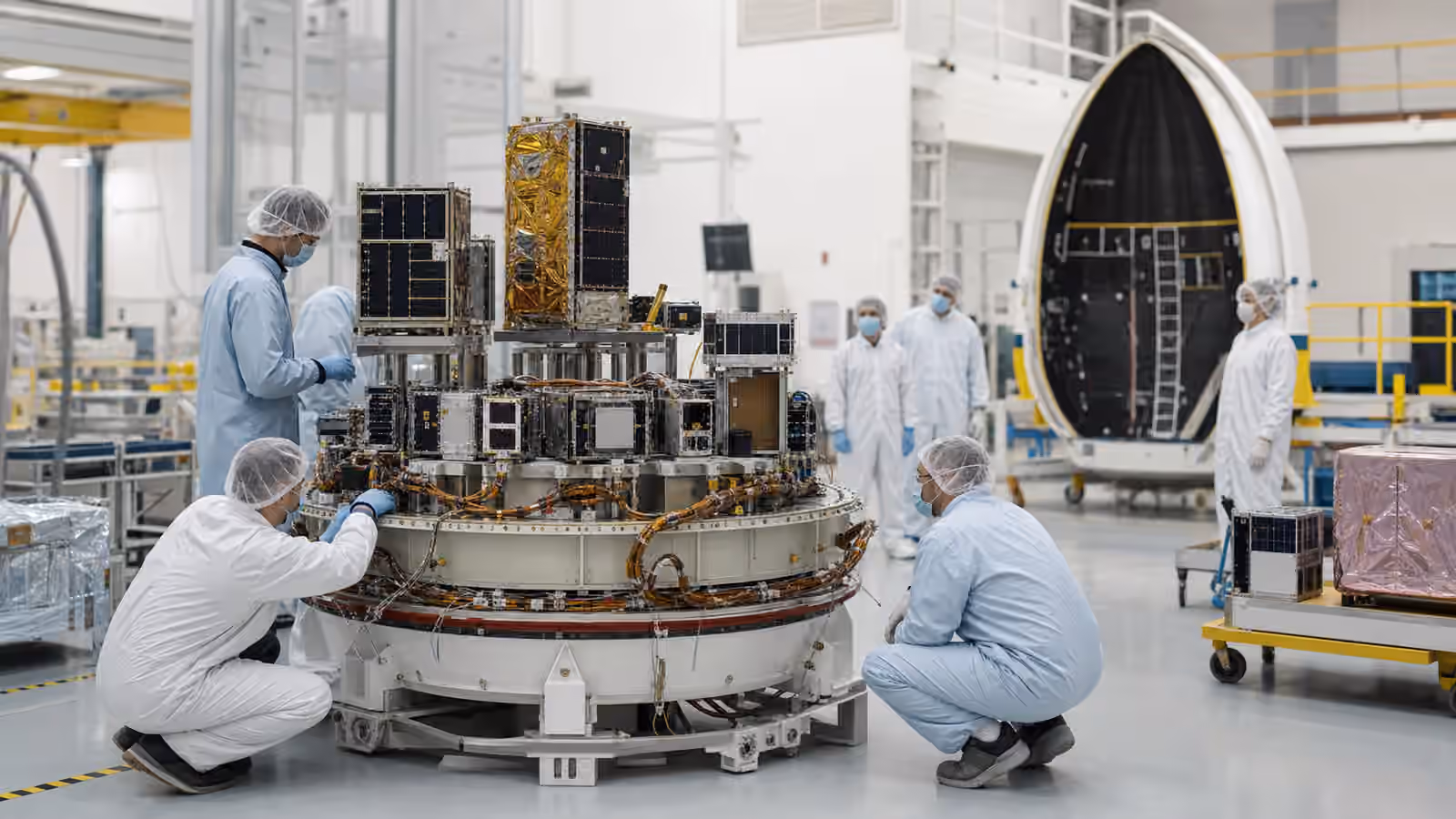 Cleanroom engineers inspect several small satellites mounted on a circular payload adapter beside an open rocket fairing.