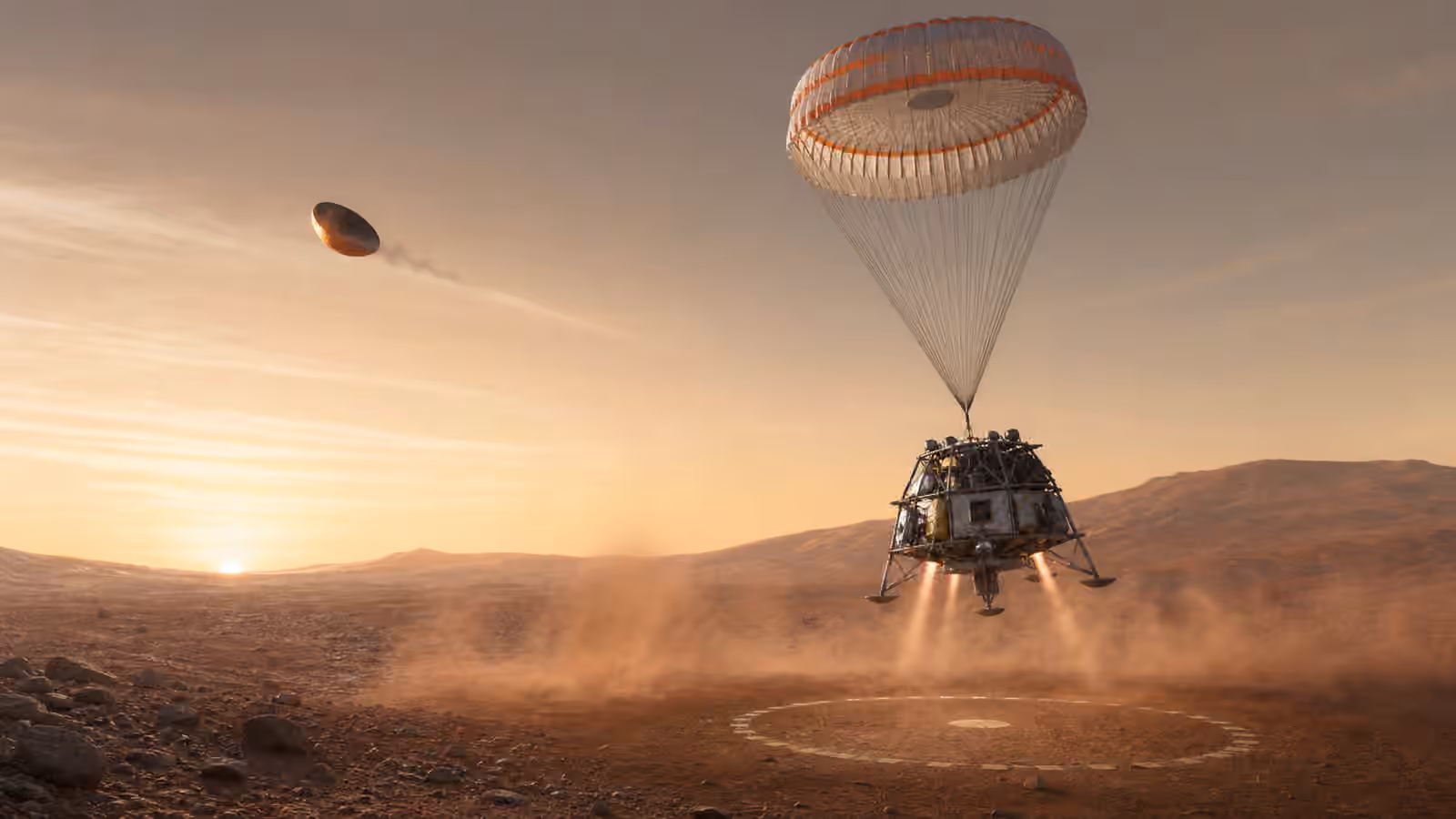 An unbranded robotic lander descends under parachute and retrorockets toward a dusty planetary landing ellipse.