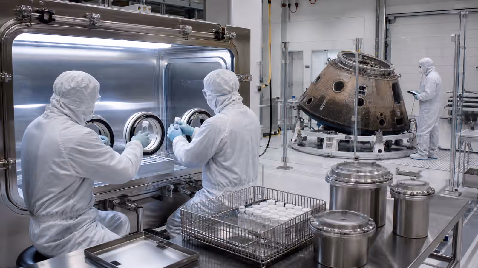 Clean-room technicians handle sealed sample containers in a glovebox beside an unbranded sample return capsule.