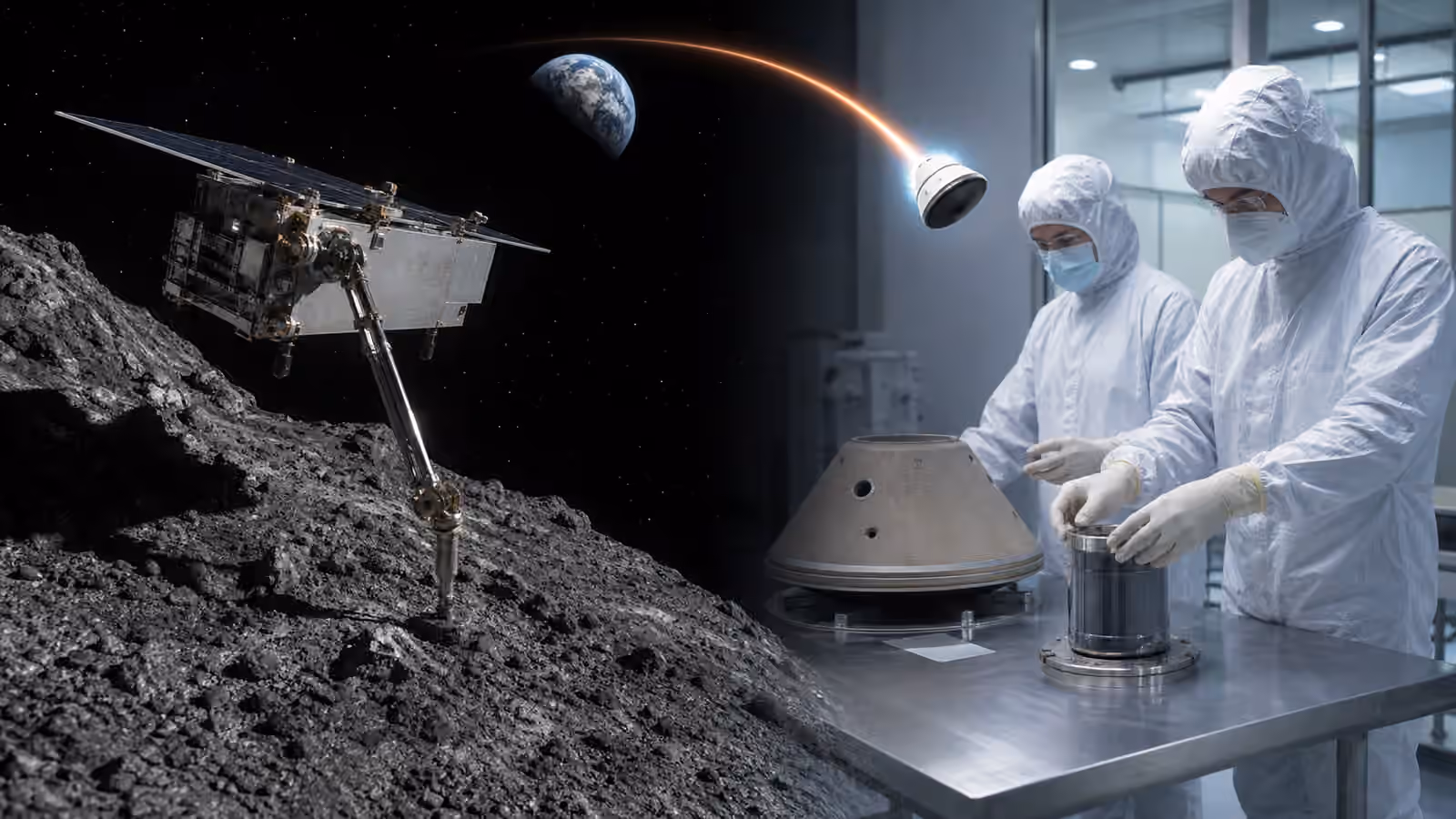 A robotic sampling spacecraft works near a rocky surface while cleanroom technicians handle an unbranded sealed sample canister and return capsule.