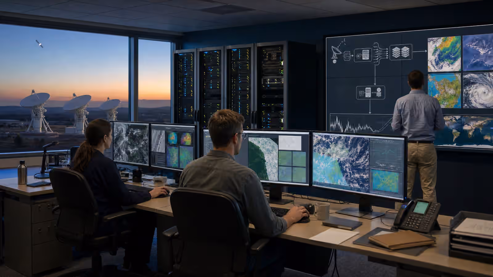 A satellite data processing room with ground station dishes outside, server racks, engineers, and unreadable Earth observation displays.