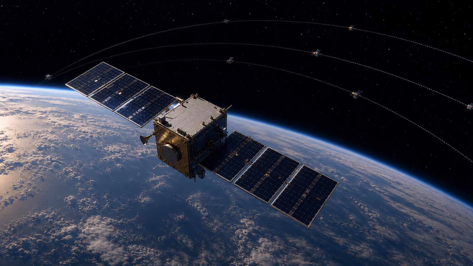 A small unbranded satellite above Earth in a safe end-of-life attitude with subtle orbital path arcs and distant satellites