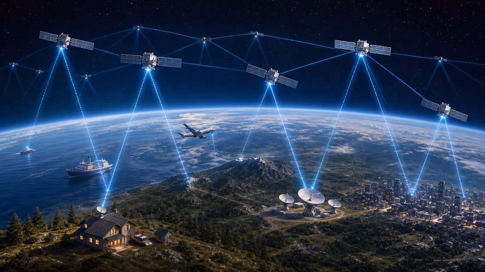 Low-Earth orbit satellites linking rural homes, ships, aircraft, ground stations, and a city edge with data beams over Earth.