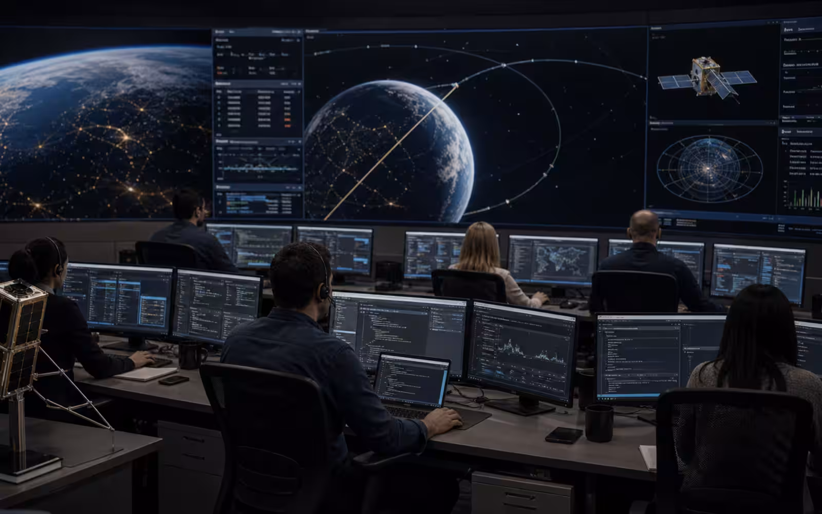 A satellite operations center with mission controllers, orbital displays without readable text, small satellite model, telemetry panels, and Earth imagery on large screens.