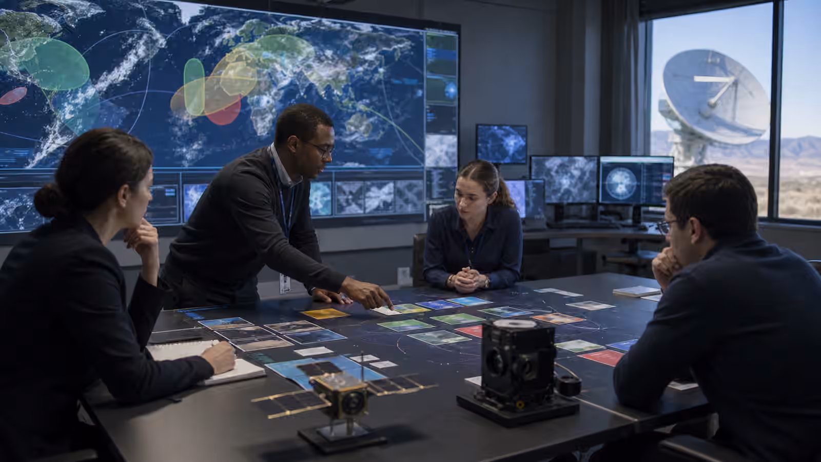Mission planners review unbranded satellite models, Earth imagery, abstract target cards, and ground antenna windows in an operations room.