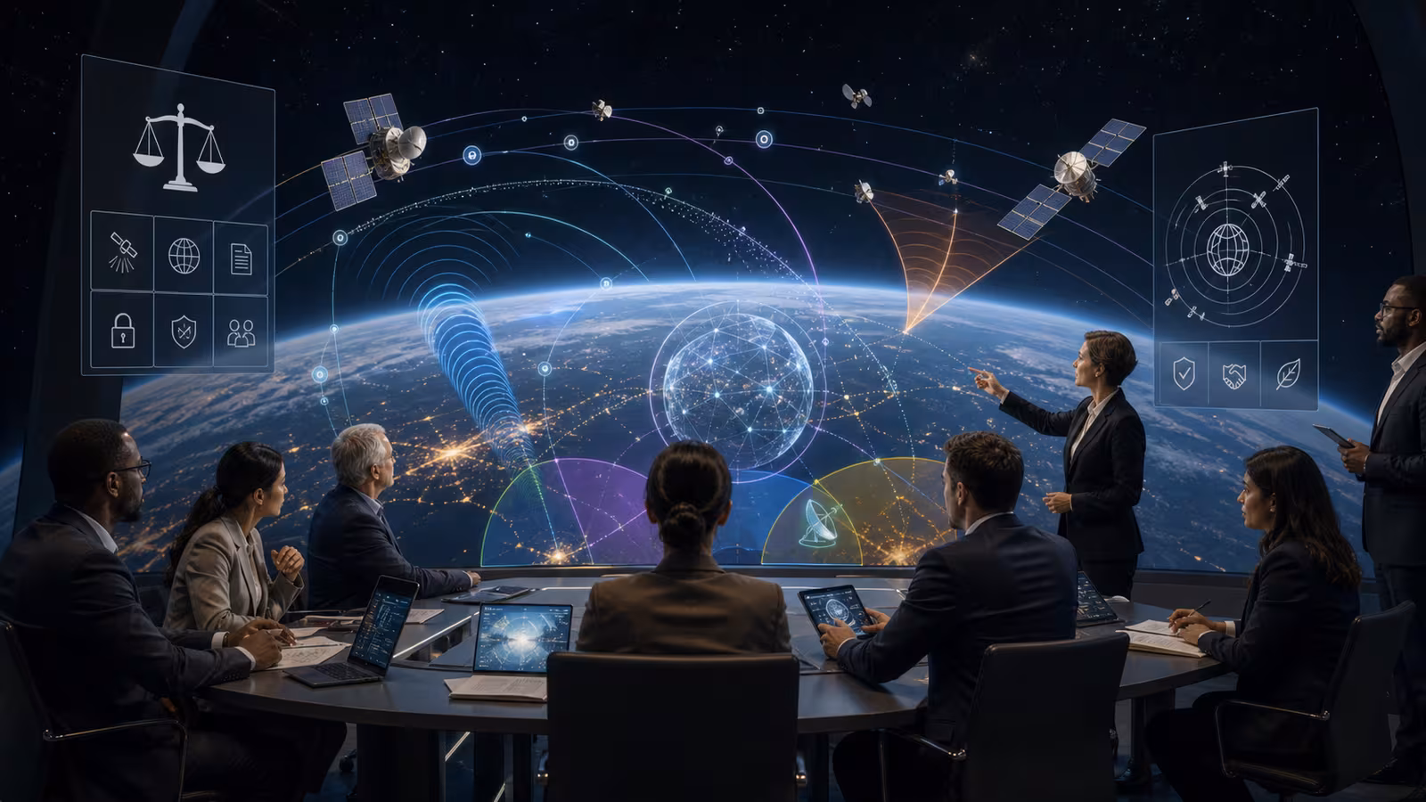 A mission control and policy room with a transparent orbital map, satellite shells, spectrum wave arcs, Earth below, and people reviewing operations.