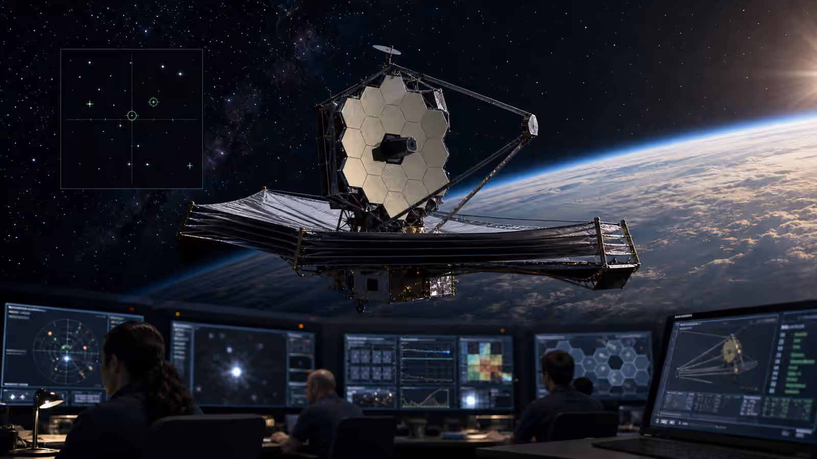An unbranded space telescope observes above Earth while a quiet operations room reviews abstract calibration data.