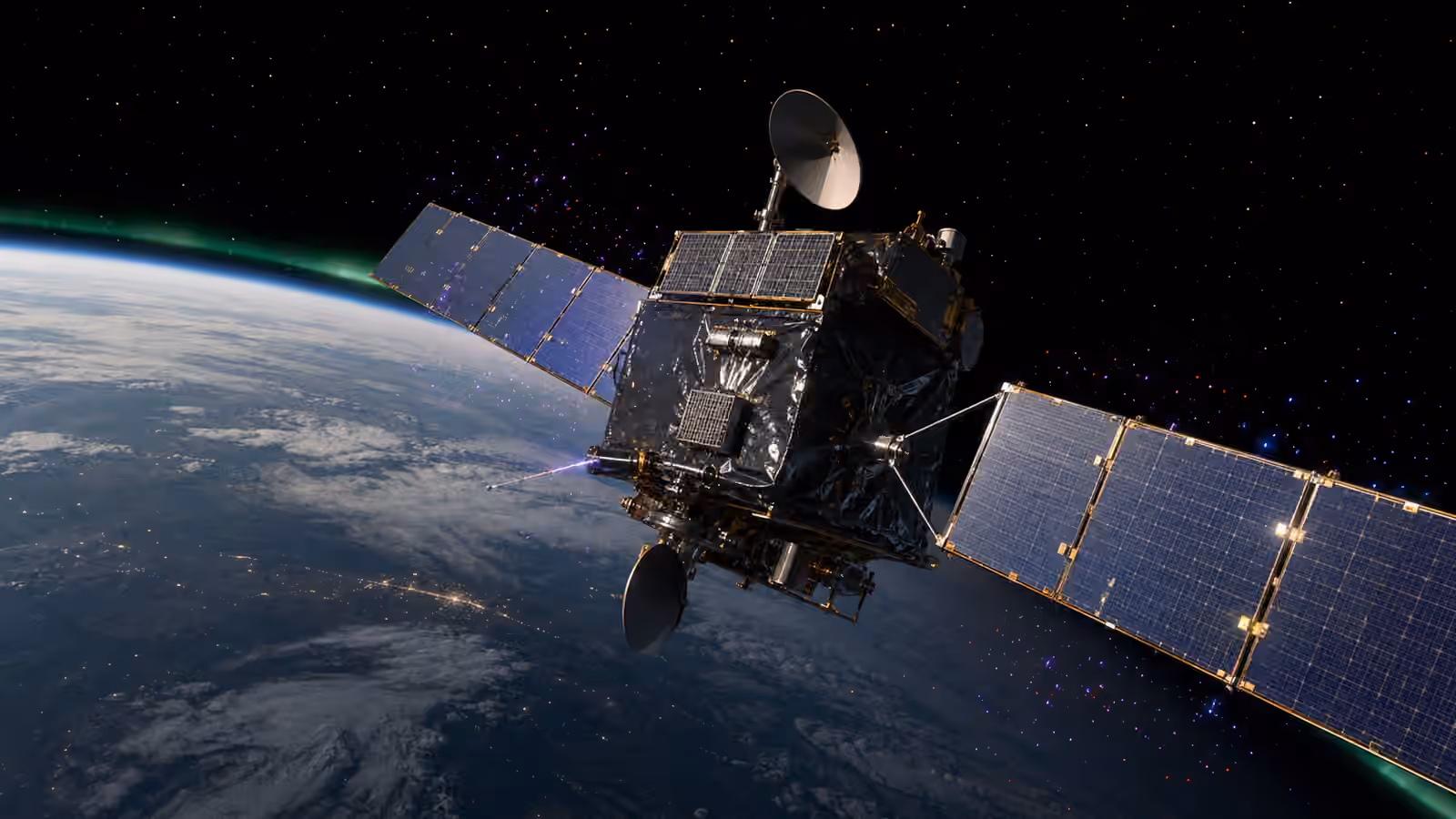 An unbranded satellite above Earth with subtle charged particles and a small controlled discharge near shaded spacecraft surfaces.