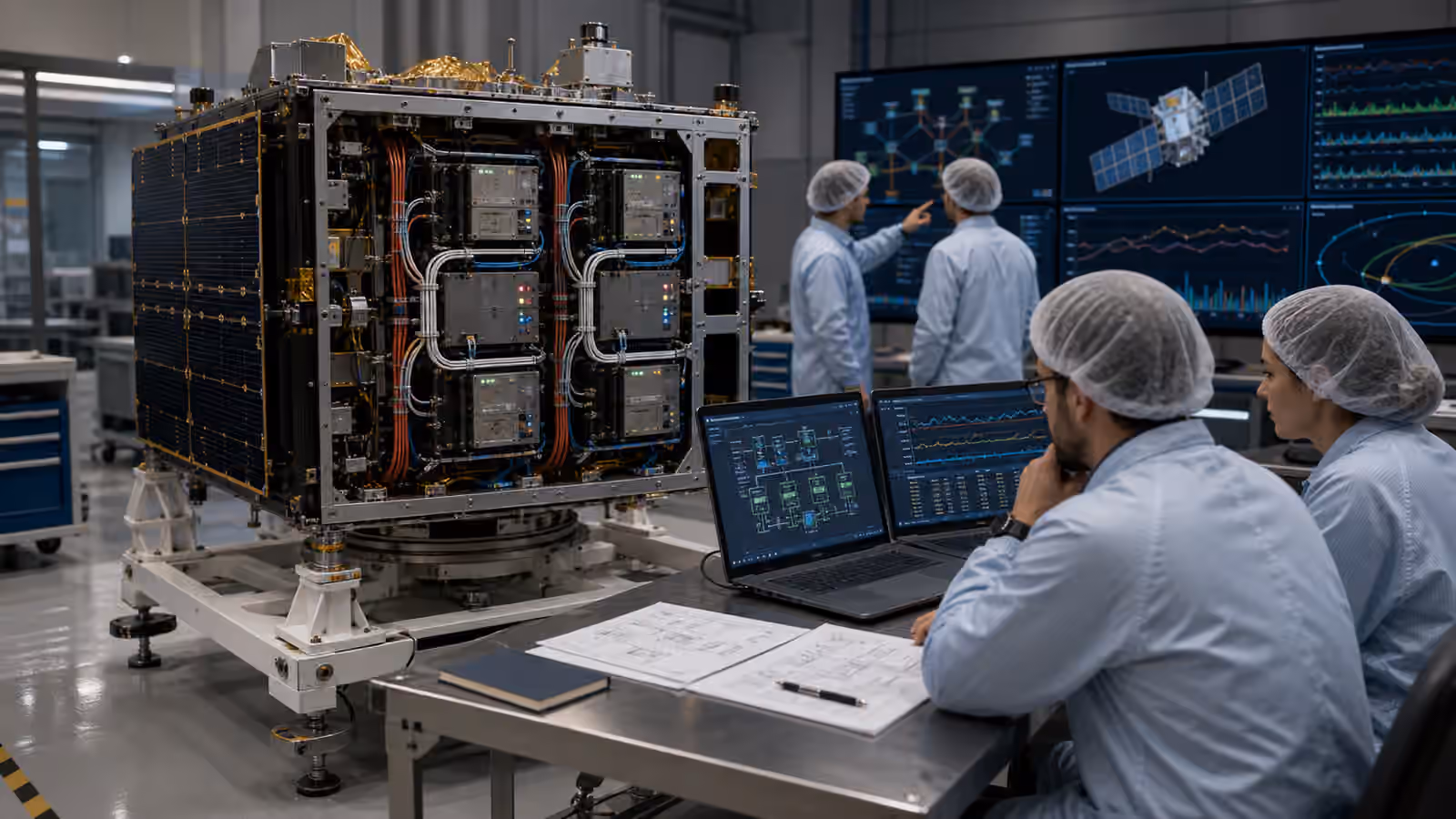 Clean-room engineers inspect redundant avionics and cable routes inside an unbranded satellite bus.