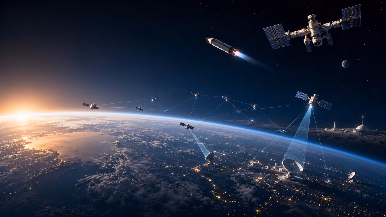 A dawn orbital scene with Earth, low-Earth orbit satellites, a reusable rocket stage, a commercial station, distant lunar infrastructure, and data beams connecting to ground stations