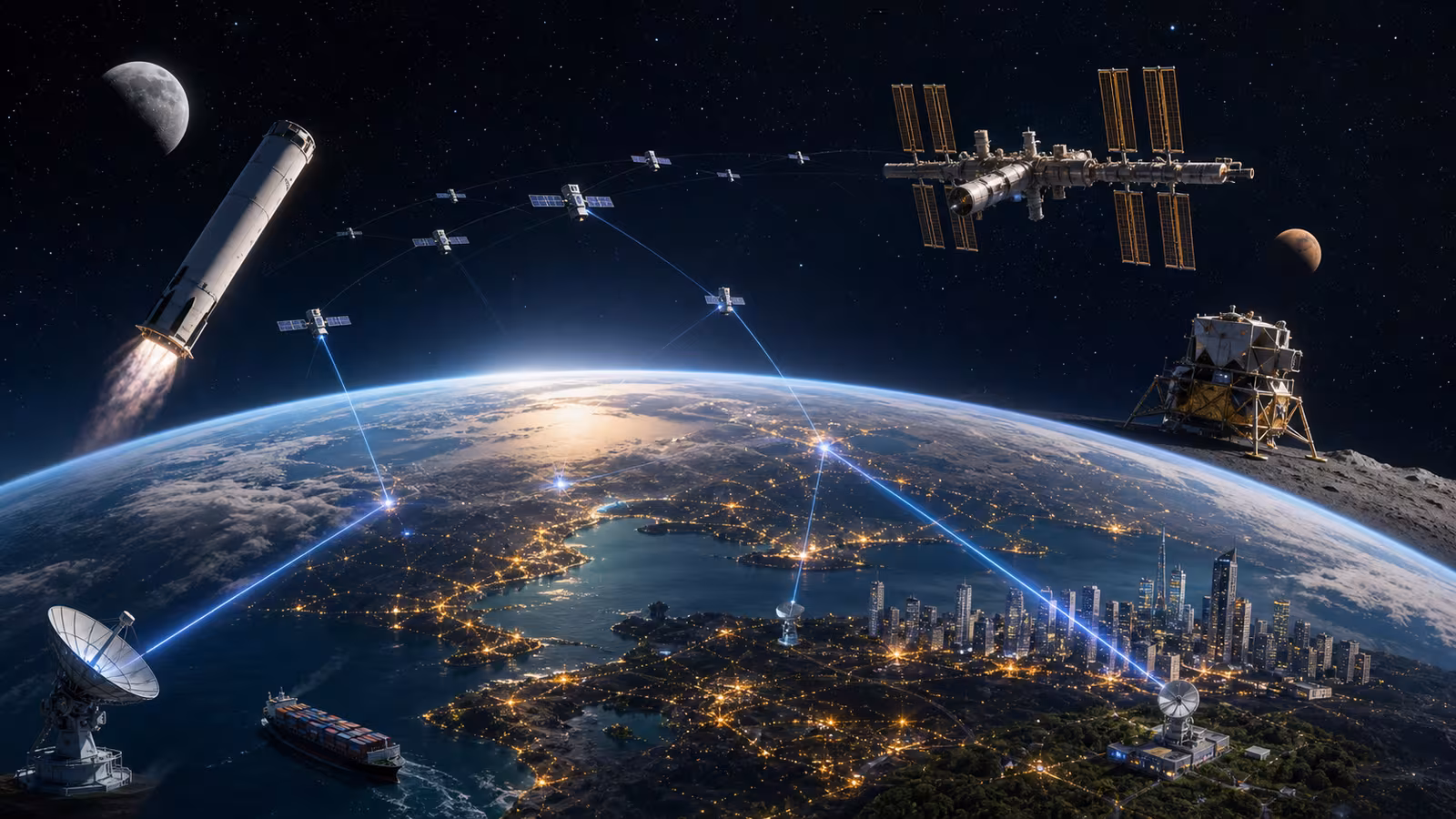 Earth from low orbit with satellite constellations, a reusable rocket stage, lunar cargo hardware, a commercial space station, and data links to cities
