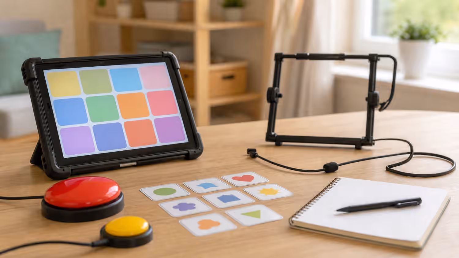 AAC tablet, adaptive switches, eye-gaze frame, picture cards, and blank notebook on a therapy table.