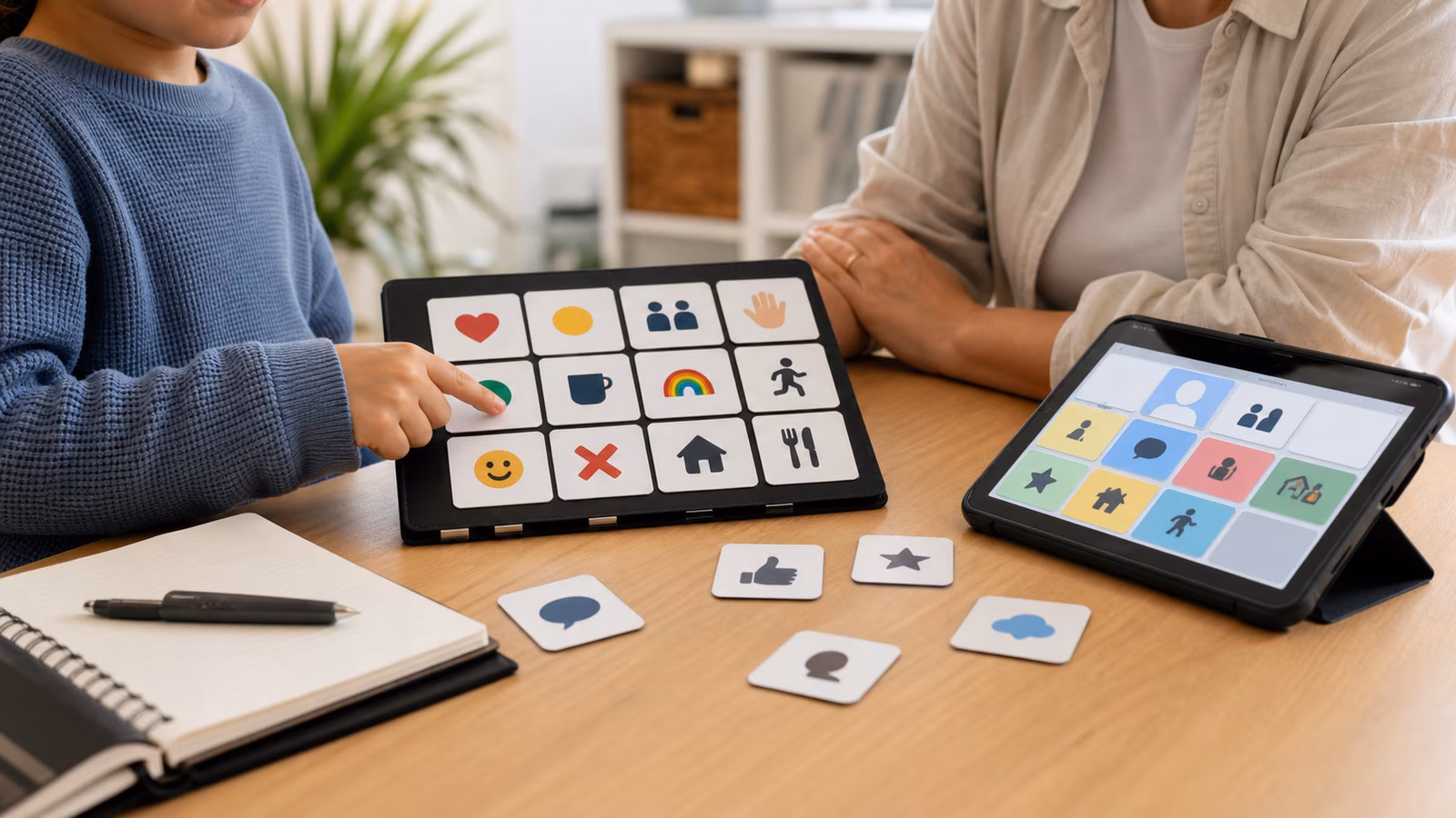 AAC board, tablet, picture cards, and notebook arranged on a speech support table.
