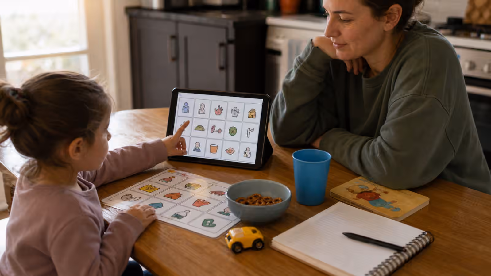 AAC tablet, picture board, snack bowl, cup, toy car, book, and caregiver notebook on a home table.