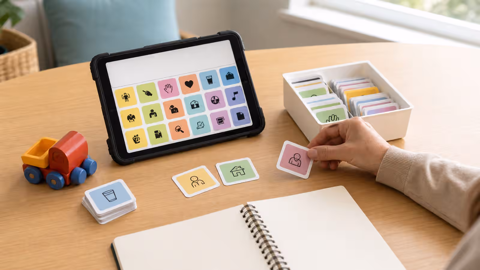 AAC tablet with colorful symbol tiles, picture cards, toys, and a blank notebook on a therapy table.